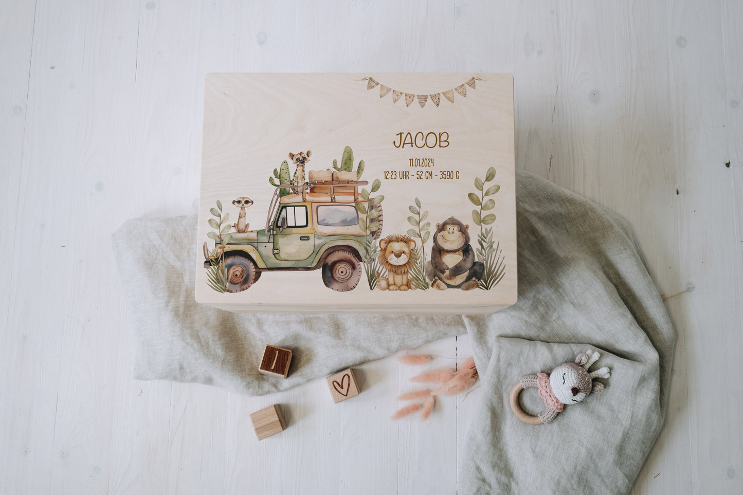 Baby Shower Gift Personalized - Memory Box Safari Animals with Name, Birth or Baptism Gift Newborn Boy Girl, FSC Birch Wood Keepsake Box
