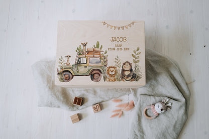 Baby Shower Gift Personalized - Memory Box Safari Animals with Name, Baptism or Birth Gift Boy Girl, FSC Birch Wood Keepsake Box