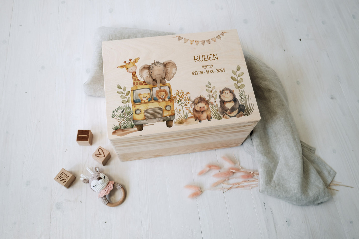 Baby Shower Gift Personalized - Memory Box Safari Animals with Name, Baptism or Birth Gift Boy Girl, FSC Birch Wood Keepsake Box