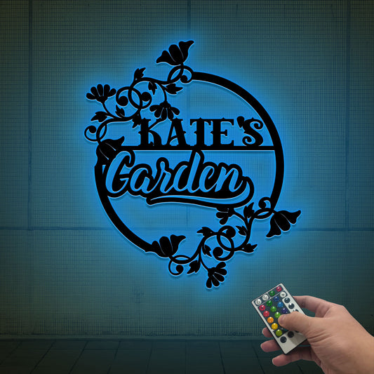 Custom Flower Garden Metal Sign with LED Lights, Personalized Family Name