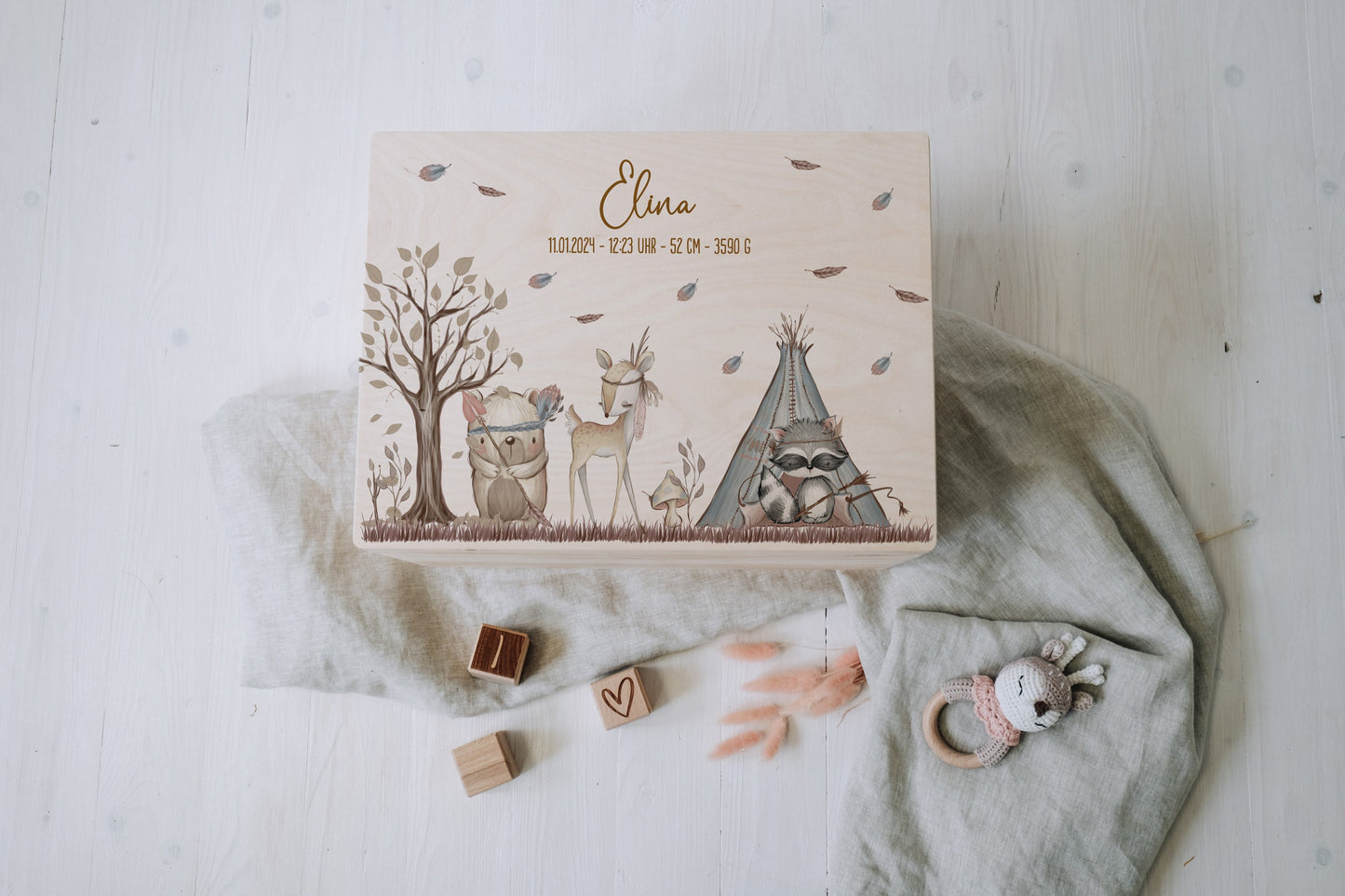 Baby Shower Gift Personalized - Memory Box Wooden with Name, Baptism or Birth Gift Boy Girl, FSC Birch Boho Forest Animals