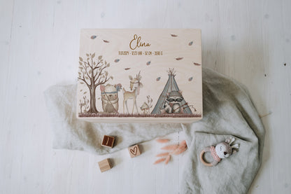 Baby Shower Gift Personalized - Memory Box Wooden with Name, Baptism or Birth Gift Boy Girl, FSC Birch Boho Forest Animals