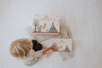 Baby Shower Gift Personalized - Memory Box Wooden with Name, Baptism or Birth Gift Boy Girl, FSC Birch Boho Forest Animals
