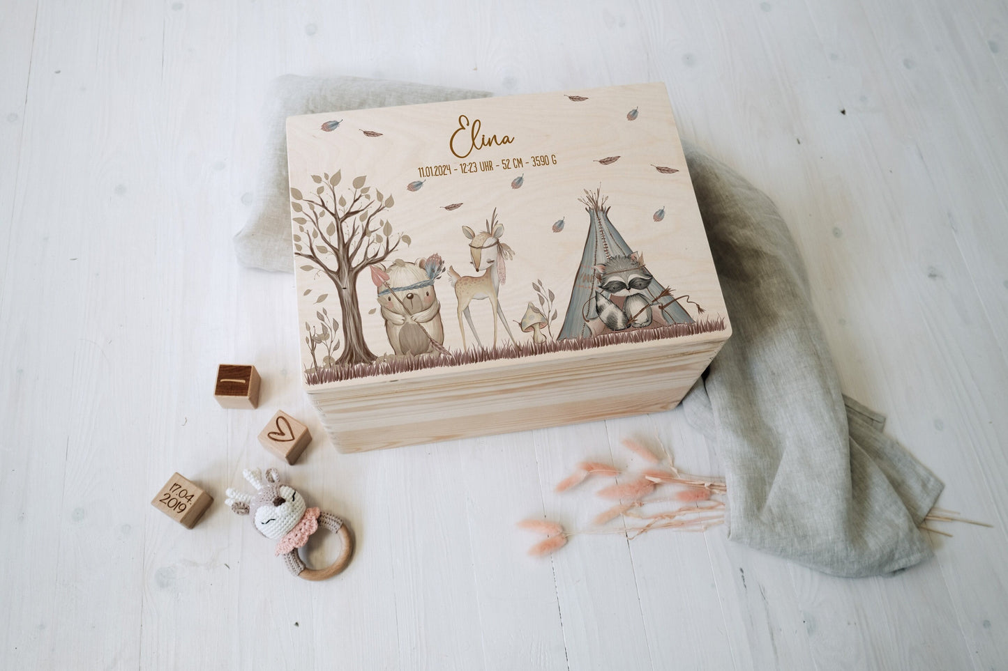 Baby Shower Gift Personalized - Memory Box Wooden with Name, Baptism or Birth Gift Boy Girl, FSC Birch Boho Forest Animals