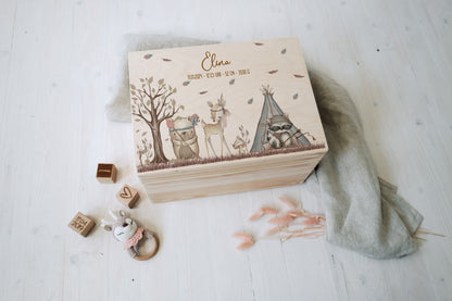 Baby Shower Gift Personalized - Memory Box Wooden with Name, Baptism or Birth Gift Boy Girl, FSC Birch Boho Forest Animals