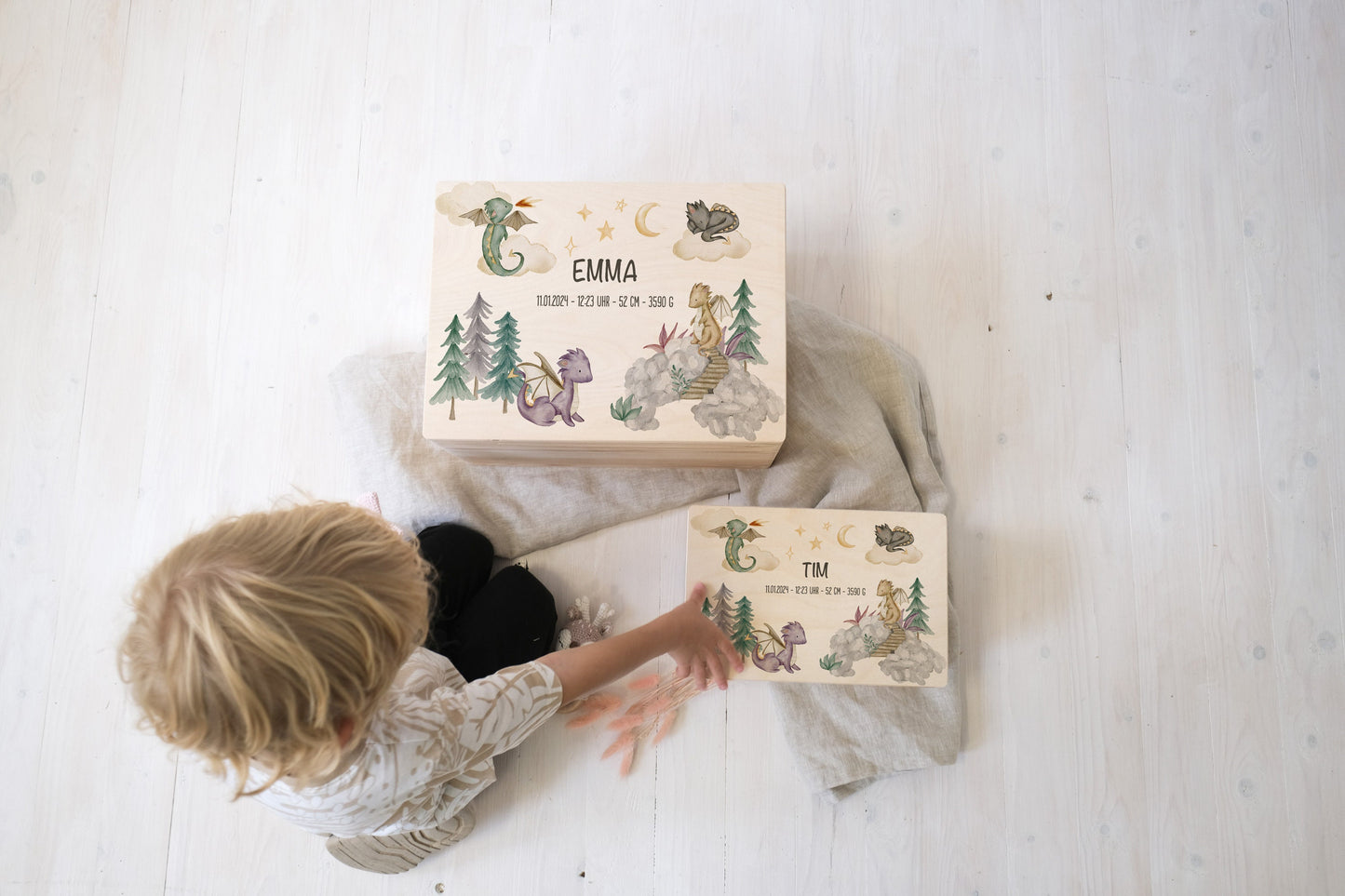 Baby Shower Gift Personalized - Dragon Memory Box Wooden with Name, Newborn Gift Boy or Girl, Birth or Baptism Keepsake Box FSC Birch