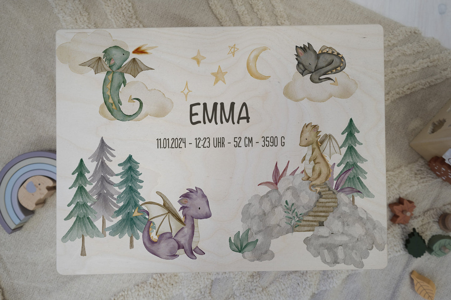 Baby Shower Gift Personalized - Dragon Memory Box Wooden with Name, Newborn Gift Boy or Girl, Birth or Baptism Keepsake Box FSC Birch