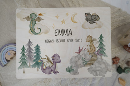 Baby Shower Gift Personalized - Dragon Memory Box Wooden with Name, Newborn Gift Boy or Girl, Birth or Baptism Keepsake Box FSC Birch
