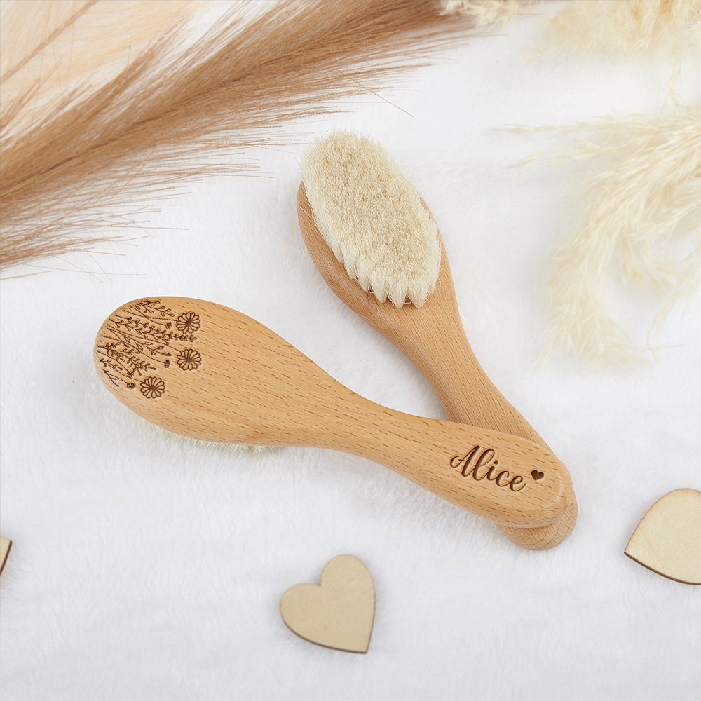 Personalized Birth Flower Baby Hairbrush: Beech Wood, Wool Bristles