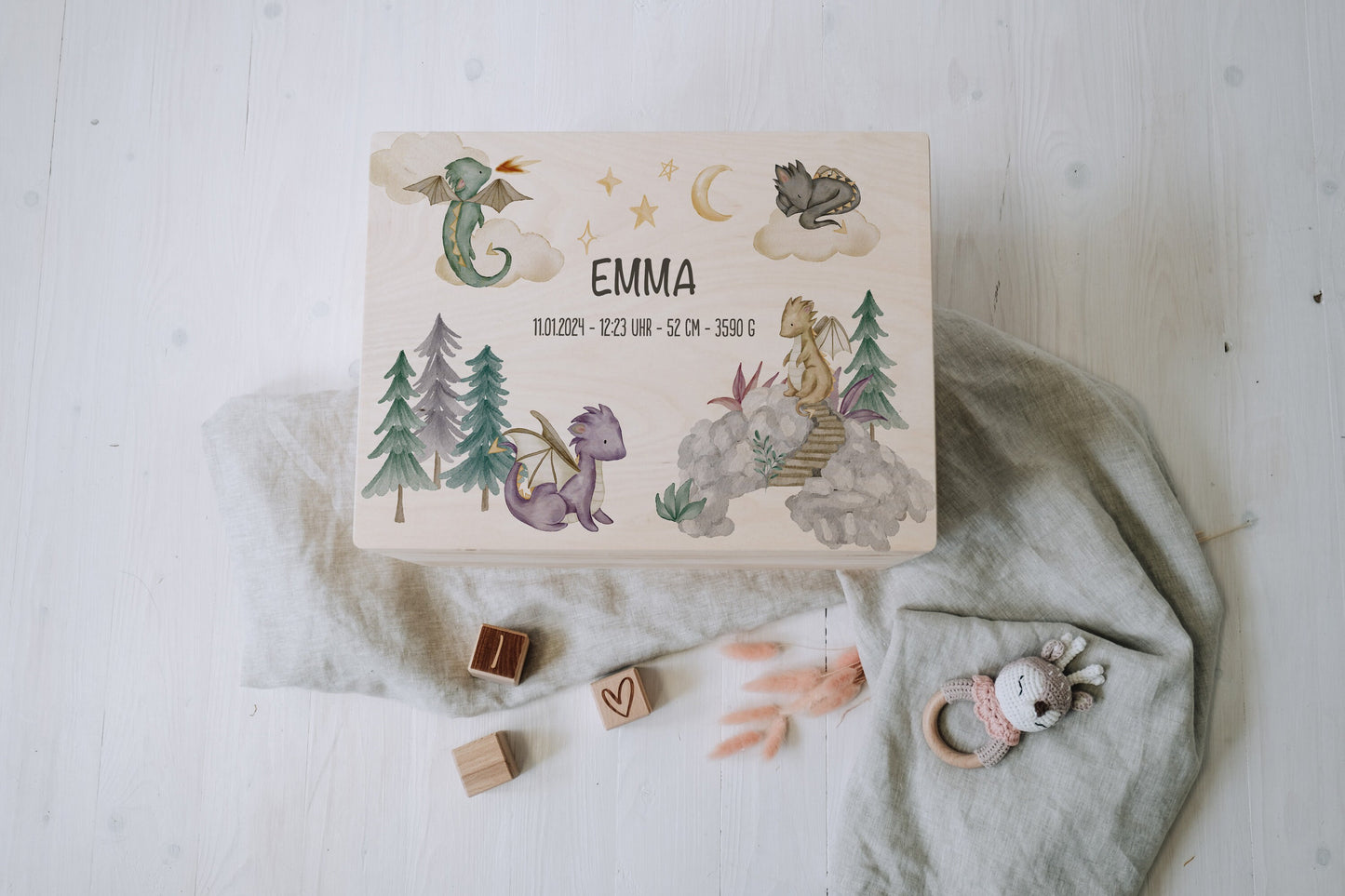 Baby Shower Gift Personalized - Dragon Memory Box Wooden with Name, Newborn Gift Boy or Girl, Birth or Baptism Keepsake Box FSC Birch