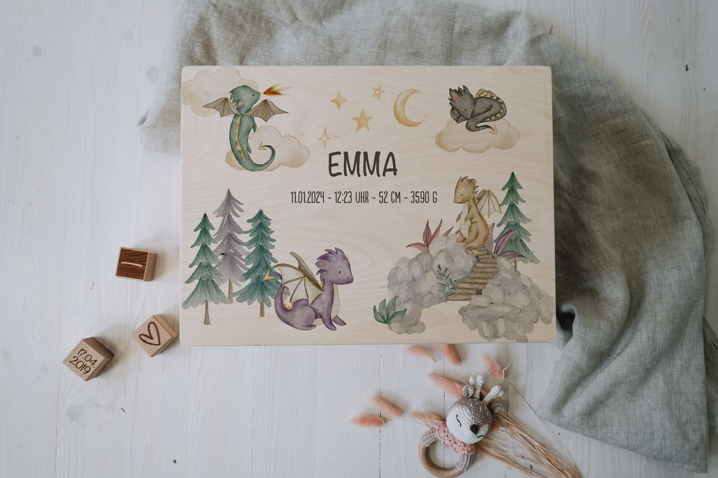 Baby Shower Gift Personalized - Dragon Memory Box Wooden with Name, Newborn Gift Boy or Girl, Birth or Baptism Keepsake Box FSC Birch