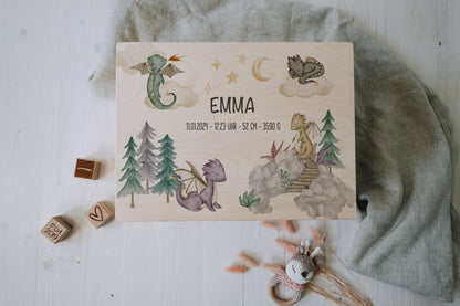 Baby Shower Gift Personalized - Dragon Memory Box Wooden with Name, Newborn Gift Boy or Girl, Birth or Baptism Keepsake Box FSC Birch