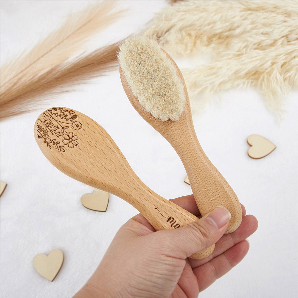 Personalized Birth Flower Baby Hairbrush: Beech Wood, Wool Bristles