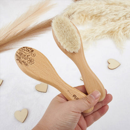 Personalized Birth Flower Baby Hairbrush: Beech Wood, Wool Bristles