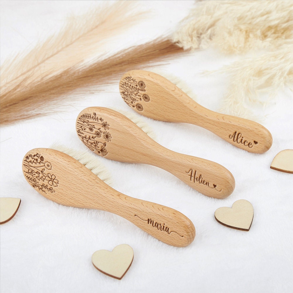 Personalized Birth Flower Baby Hairbrush: Beech Wood, Wool Bristles