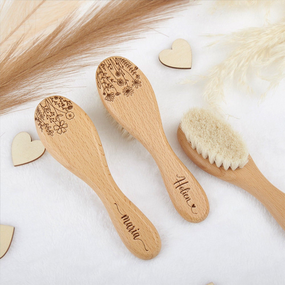 Personalized Birth Flower Baby Hairbrush: Beech Wood, Wool Bristles
