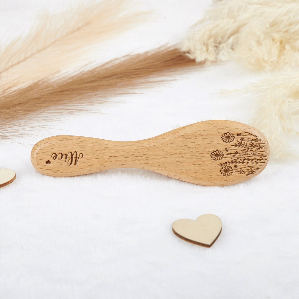 Personalized Birth Flower Baby Hairbrush: Beech Wood, Wool Bristles