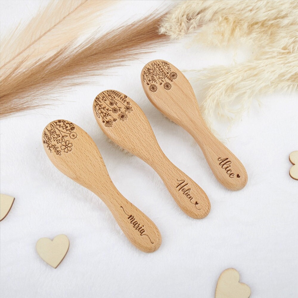 Personalized Birth Flower Baby Hairbrush: Beech Wood, Wool Bristles