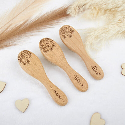 Personalized Birth Flower Baby Hairbrush: Beech Wood, Wool Bristles
