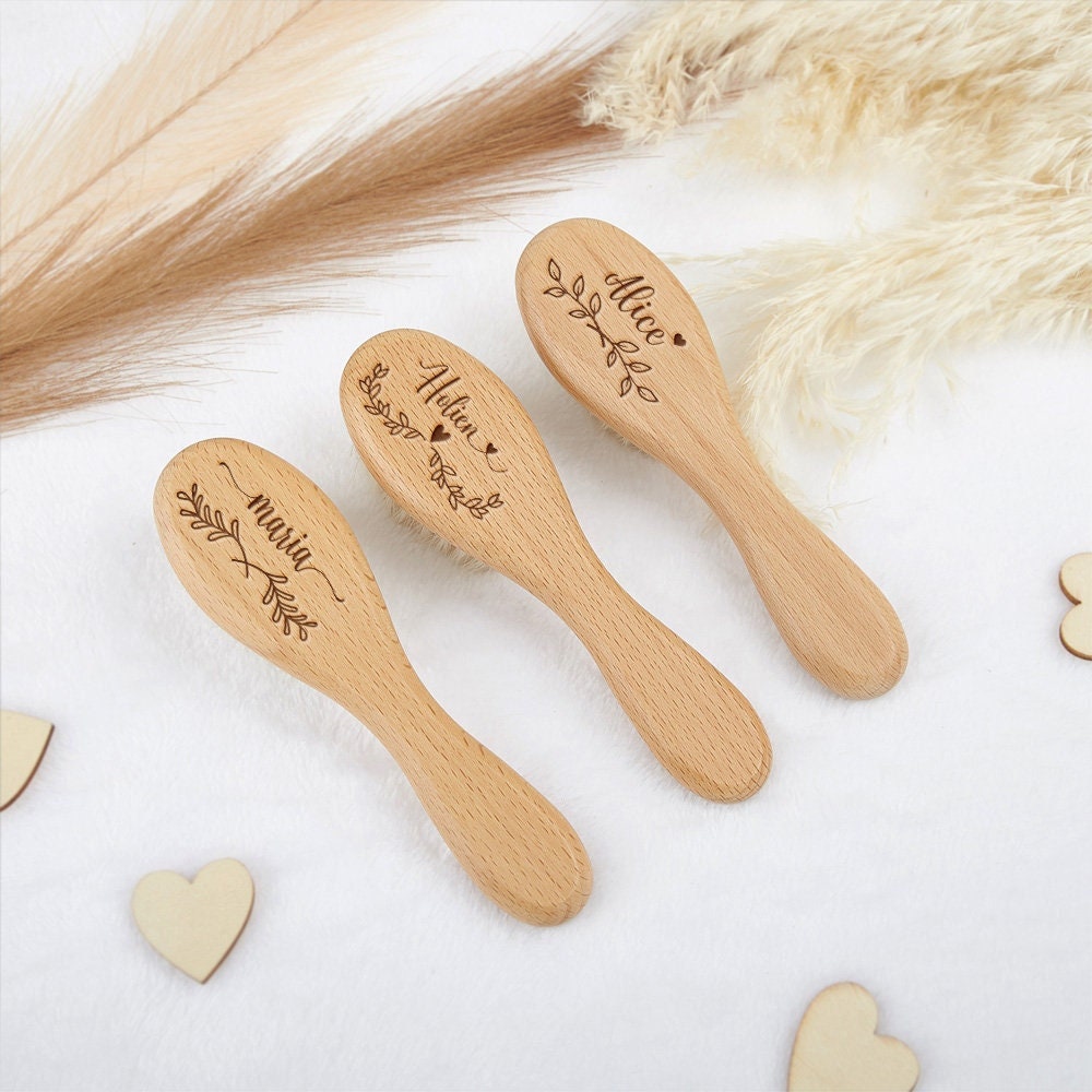 Personalized Baby Hair Brush: Engraved Beech Wood, Newborn Gift