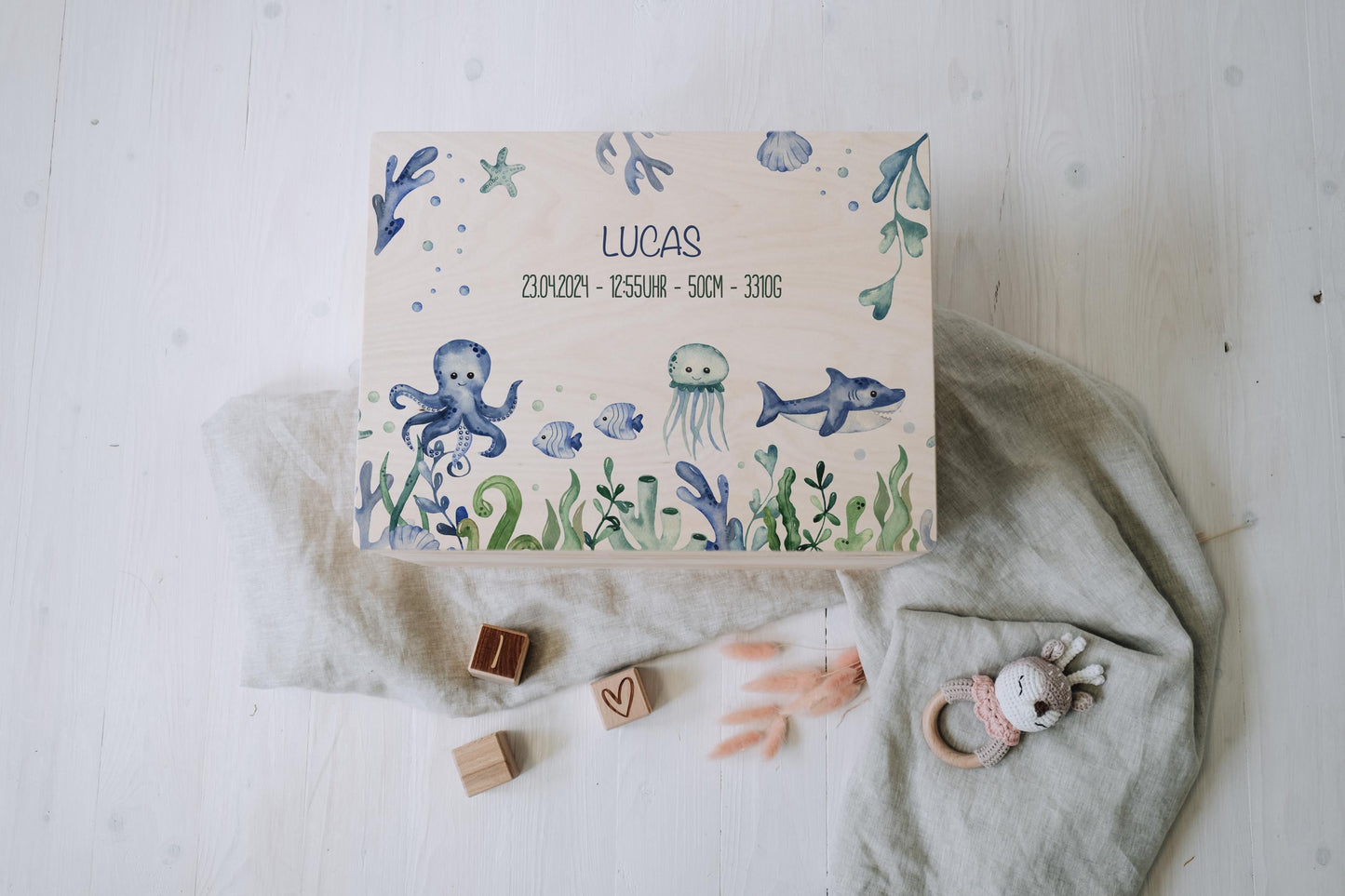 Baby Shower Gift Personalized - Memory Box with Ocean Animals, Birth or Baptism Gift, FSC Birch Wood Keepsake Box