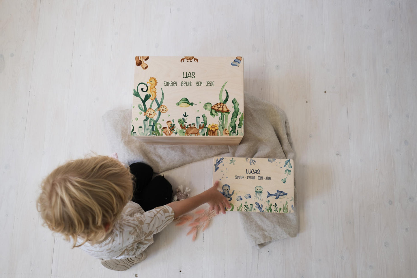 Baby Shower Gift Personalized - Memory Box Sea Animals FSC Birch Wood, Baptism or Birth Gift Boy Girl, Keepsake Box with Name
