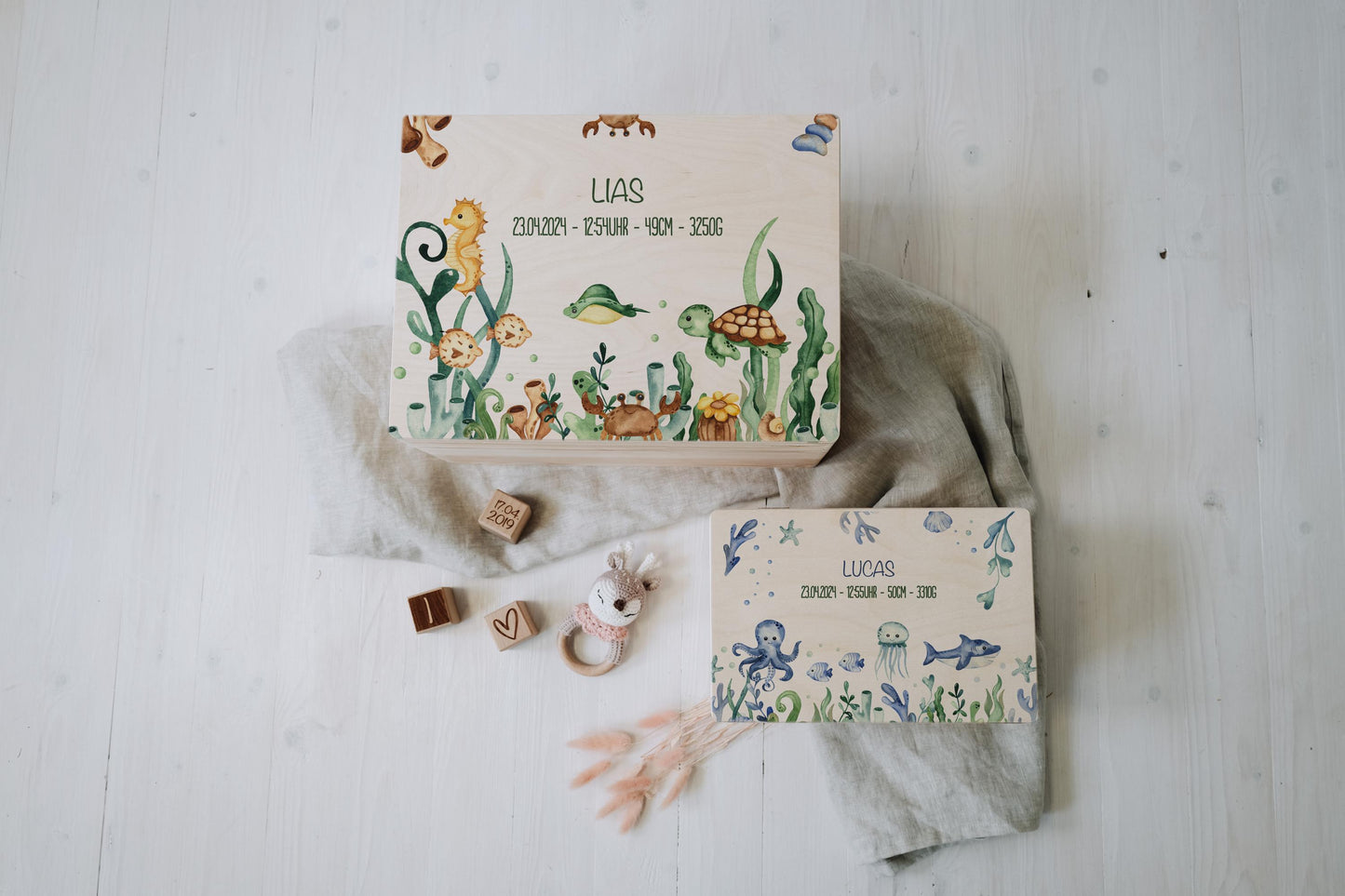 Baby Shower Gift Personalized - Memory Box Sea Animals FSC Birch Wood, Baptism or Birth Gift Boy Girl, Keepsake Box with Name