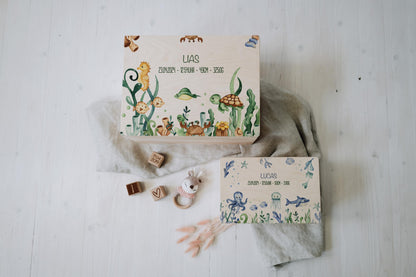 Baby Shower Gift Personalized - Memory Box Sea Animals FSC Birch Wood, Baptism or Birth Gift Boy Girl, Keepsake Box with Name