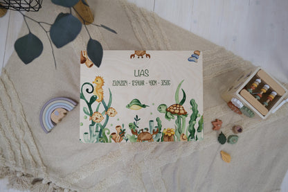 Baby Shower Gift Personalized - Memory Box Sea Animals FSC Birch Wood, Baptism or Birth Gift Boy Girl, Keepsake Box with Name