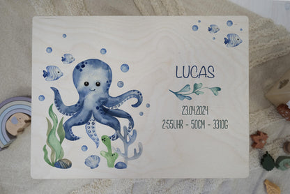 Baby Shower Gift Personalized - Memory Box Octopus with Name, Birth or Baptism Gift Boy, FSC Birch Wood Keepsake Box