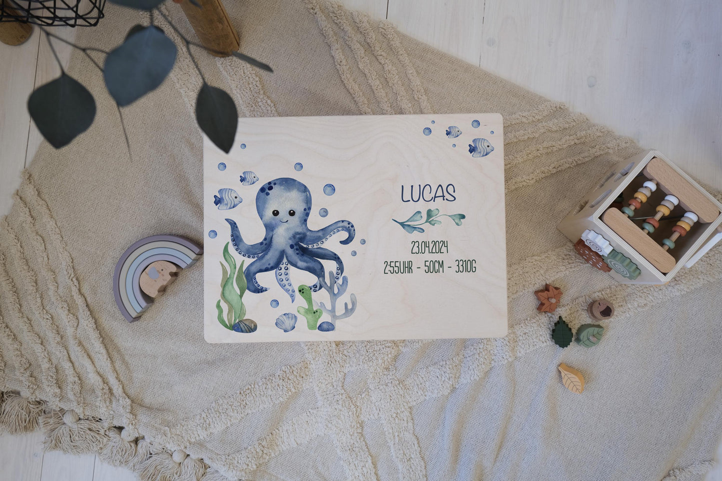 Baby Shower Gift Personalized - Memory Box Octopus with Name, Birth or Baptism Gift Boy, FSC Birch Wood Keepsake Box