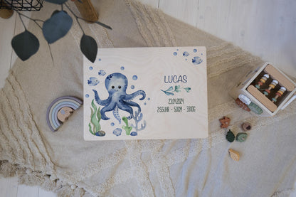 Baby Shower Gift Personalized - Memory Box Octopus with Name, Birth or Baptism Gift Boy, FSC Birch Wood Keepsake Box