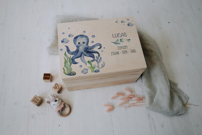 Baby Shower Gift Personalized - Memory Box Octopus with Name, Birth or Baptism Gift Boy, FSC Birch Wood Keepsake Box