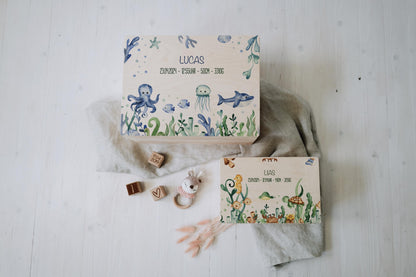 Baby Shower Gift Personalized - Memory Box with Ocean Animals, Birth or Baptism Gift, FSC Birch Wood Keepsake Box