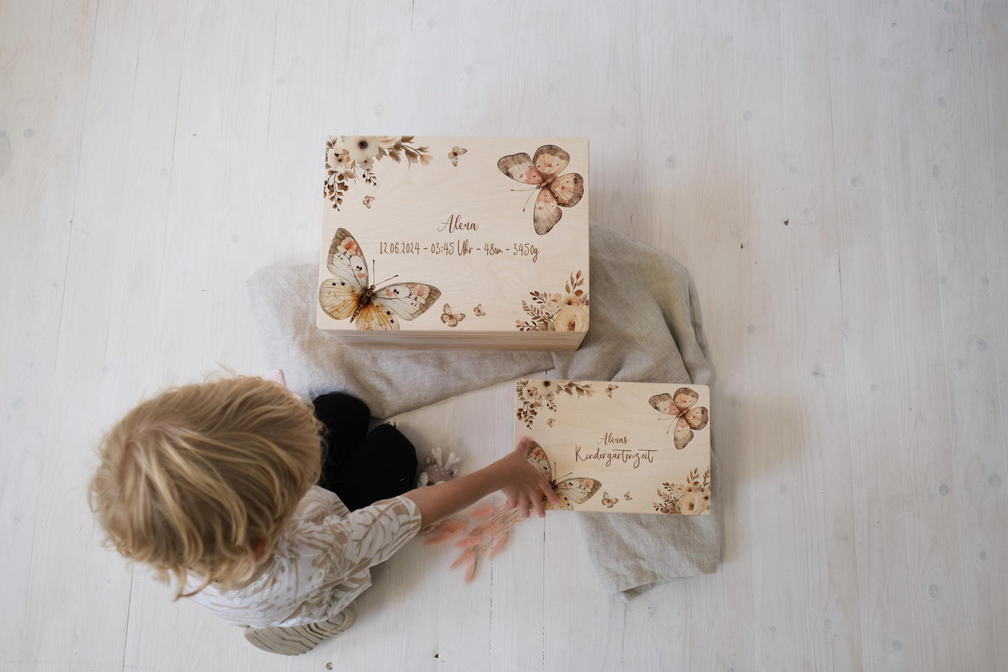 Baby Memory Box Personalized - Keepsake Box for Girl with Butterfly, Birth or Baptism Gift, FSC Birch Wood, 2 Sizes