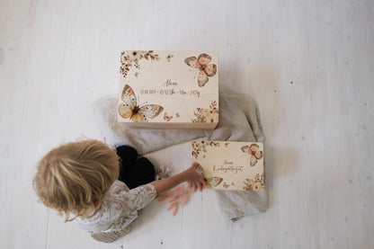 Baby Memory Box Personalized - Keepsake Box for Girl with Butterfly, Birth or Baptism Gift, FSC Birch Wood, 2 Sizes