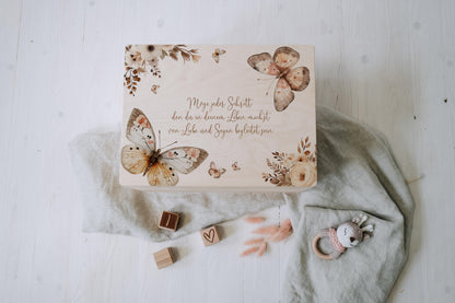 Baby Memory Box Personalized - Keepsake Box for Girl with Butterfly, Birth or Baptism Gift, FSC Birch Wood, 2 Sizes