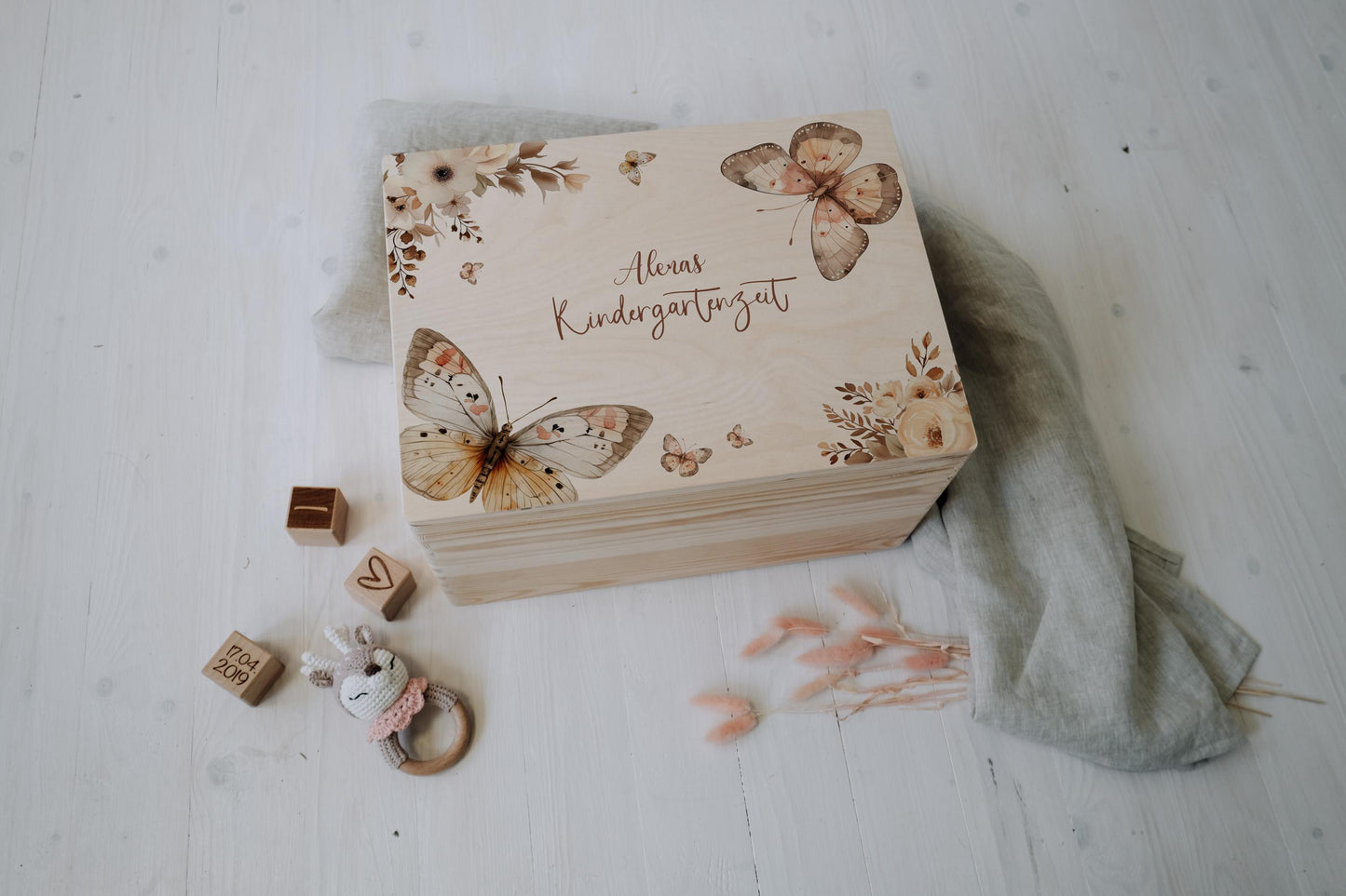 Baby Memory Box Personalized - Keepsake Box for Girl with Butterfly, Birth or Baptism Gift, FSC Birch Wood, 2 Sizes