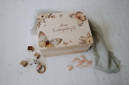 Baby Memory Box Personalized - Keepsake Box for Girl with Butterfly, Birth or Baptism Gift, FSC Birch Wood, 2 Sizes