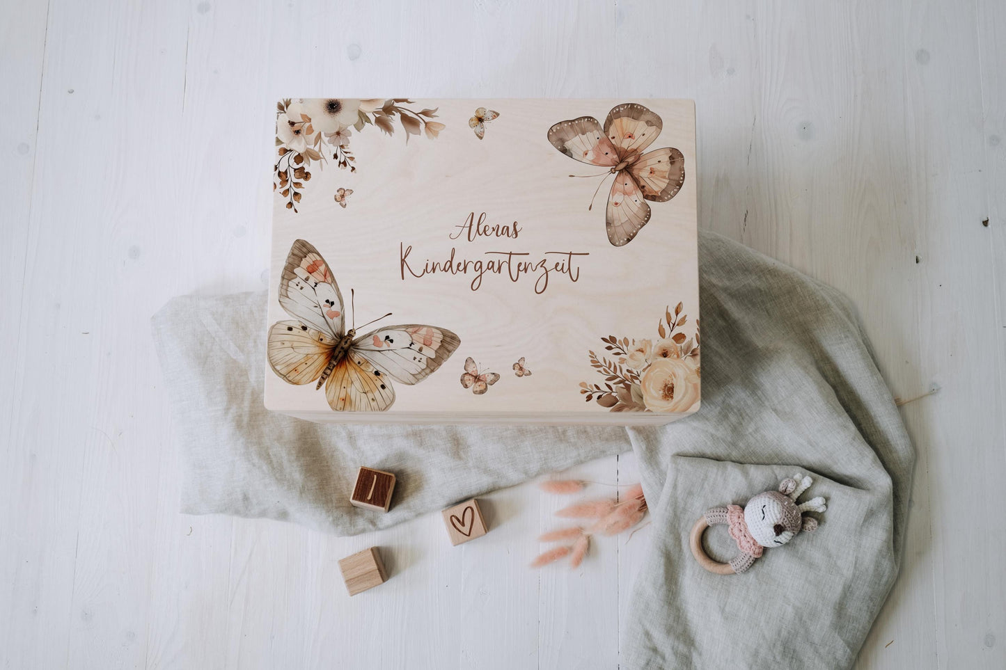 Baby Memory Box Personalized - Keepsake Box for Girl with Butterfly, Birth or Baptism Gift, FSC Birch Wood, 2 Sizes