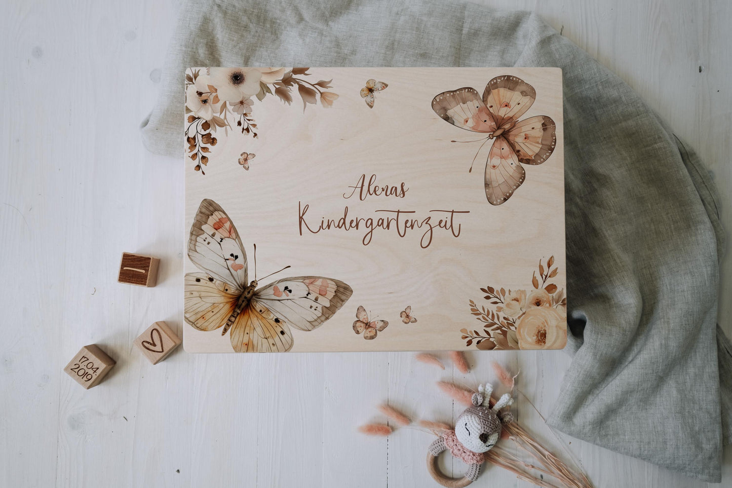 Baby Memory Box Personalized - Keepsake Box for Girl with Butterfly, Birth or Baptism Gift, FSC Birch Wood, 2 Sizes