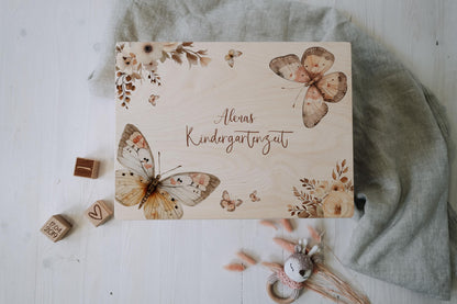 Baby Memory Box Personalized - Keepsake Box for Girl with Butterfly, Birth or Baptism Gift, FSC Birch Wood, 2 Sizes