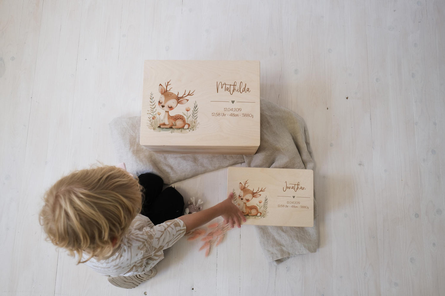 Baby Memory Box Personalized - Woodland Deer Keepsake Box with Name & Birth Date, Baptism or Baby Shower Gift, FSC Birch Wood 12x8 or 16x12