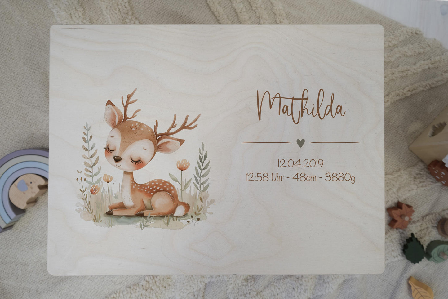 Baby Memory Box Personalized - Woodland Deer Keepsake Box with Name & Birth Date, Baptism or Baby Shower Gift, FSC Birch Wood 12x8 or 16x12