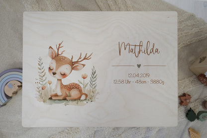 Baby Memory Box Personalized - Woodland Deer Keepsake Box with Name & Birth Date, Baptism or Baby Shower Gift, FSC Birch Wood 12x8 or 16x12
