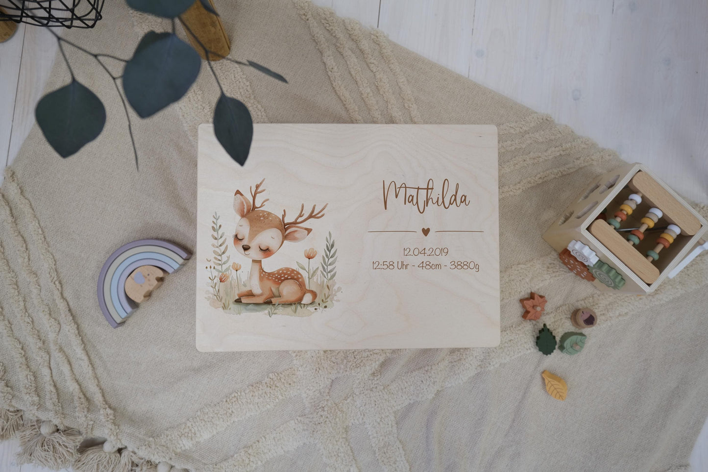 Baby Memory Box Personalized - Woodland Deer Keepsake Box with Name & Birth Date, Baptism or Baby Shower Gift, FSC Birch Wood 12x8 or 16x12