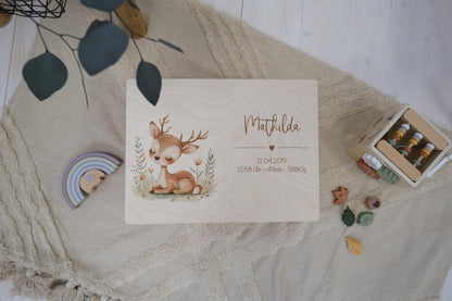 Baby Memory Box Personalized - Woodland Deer Keepsake Box with Name & Birth Date, Baptism or Baby Shower Gift, FSC Birch Wood 12x8 or 16x12