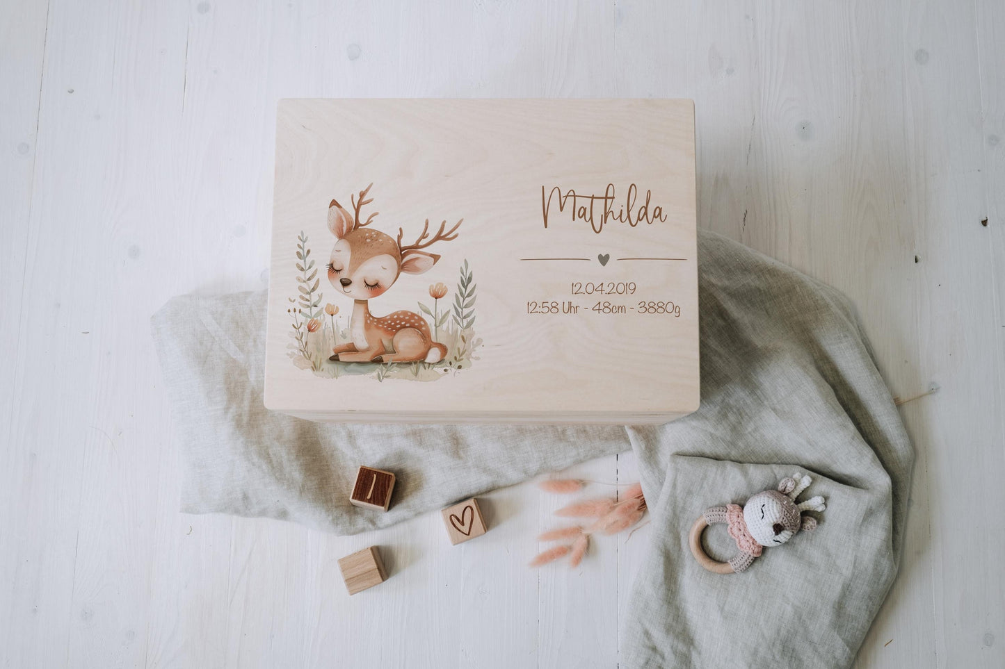Baby Memory Box Personalized - Woodland Deer Keepsake Box with Name & Birth Date, Baptism or Baby Shower Gift, FSC Birch Wood 12x8 or 16x12