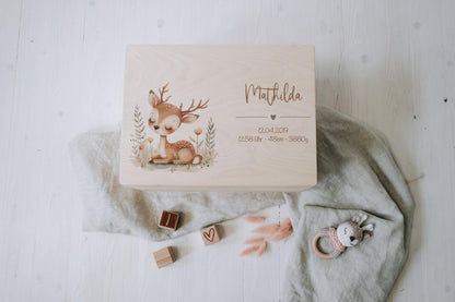 Baby Memory Box Personalized - Woodland Deer Keepsake Box with Name & Birth Date, Baptism or Baby Shower Gift, FSC Birch Wood 12x8 or 16x12