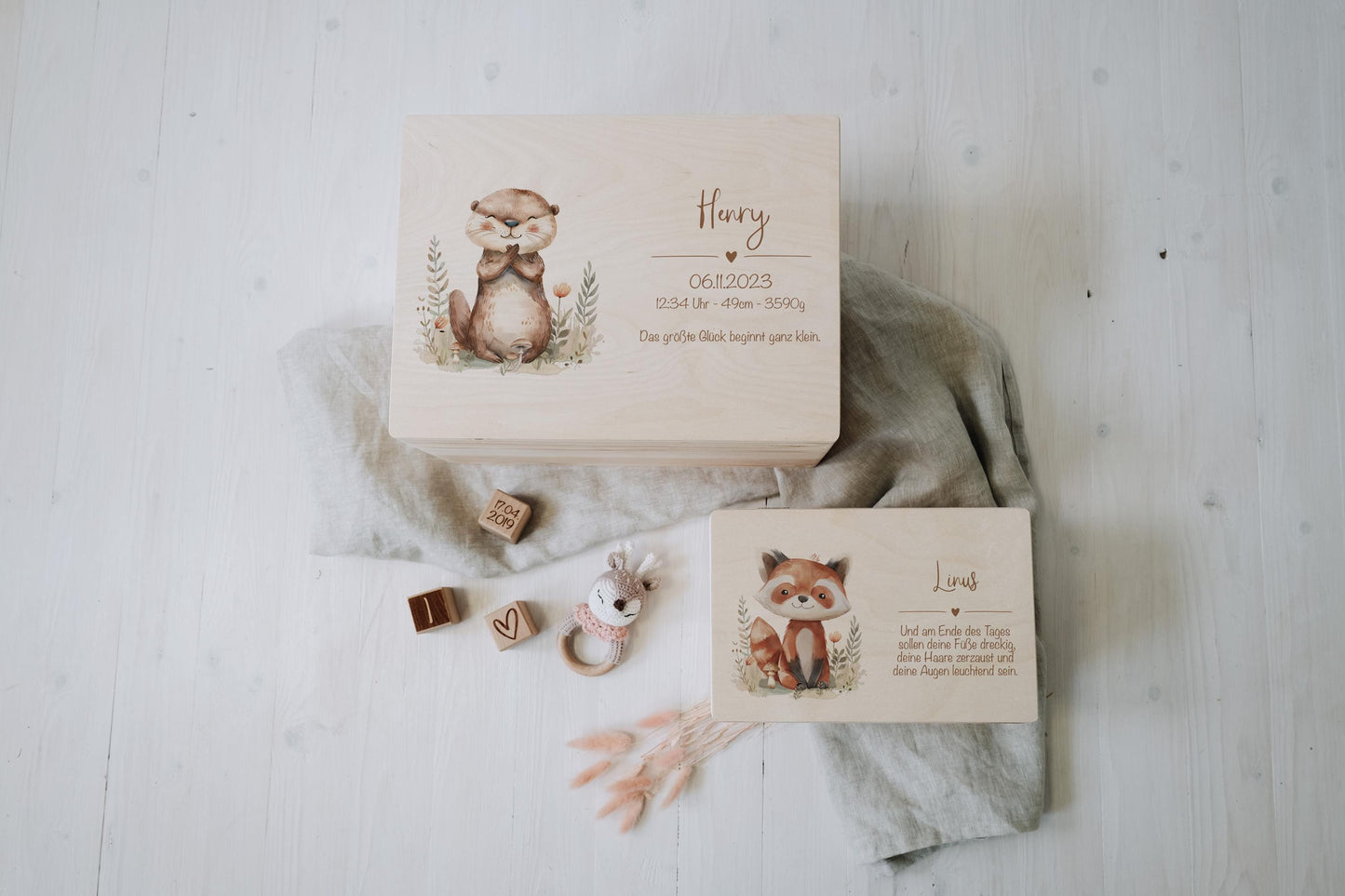 Baby Shower Gift Personalized - Memory Box Otter with Name, Birth or Baptism Gift Boy Girl, FSC Birch Wood Keepsake Box